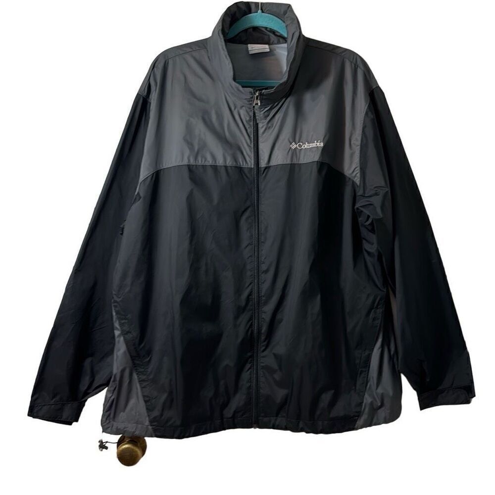 Columbia black & gray packable windbreaker zip  pockets hood inside collar 1X